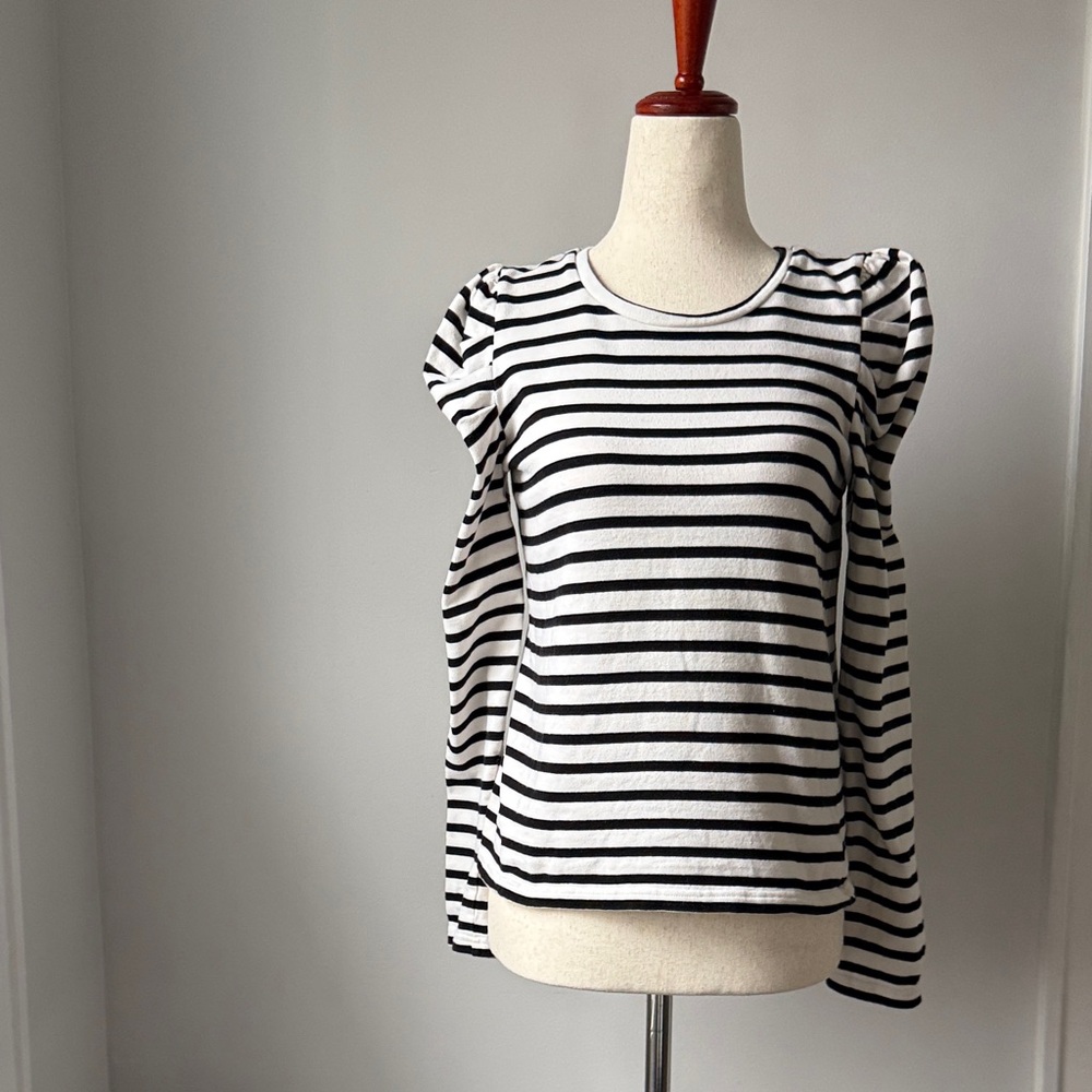 Rebecca Minkoff Black and White Striped Puffed Long Sleeve Knit Top Classic Work